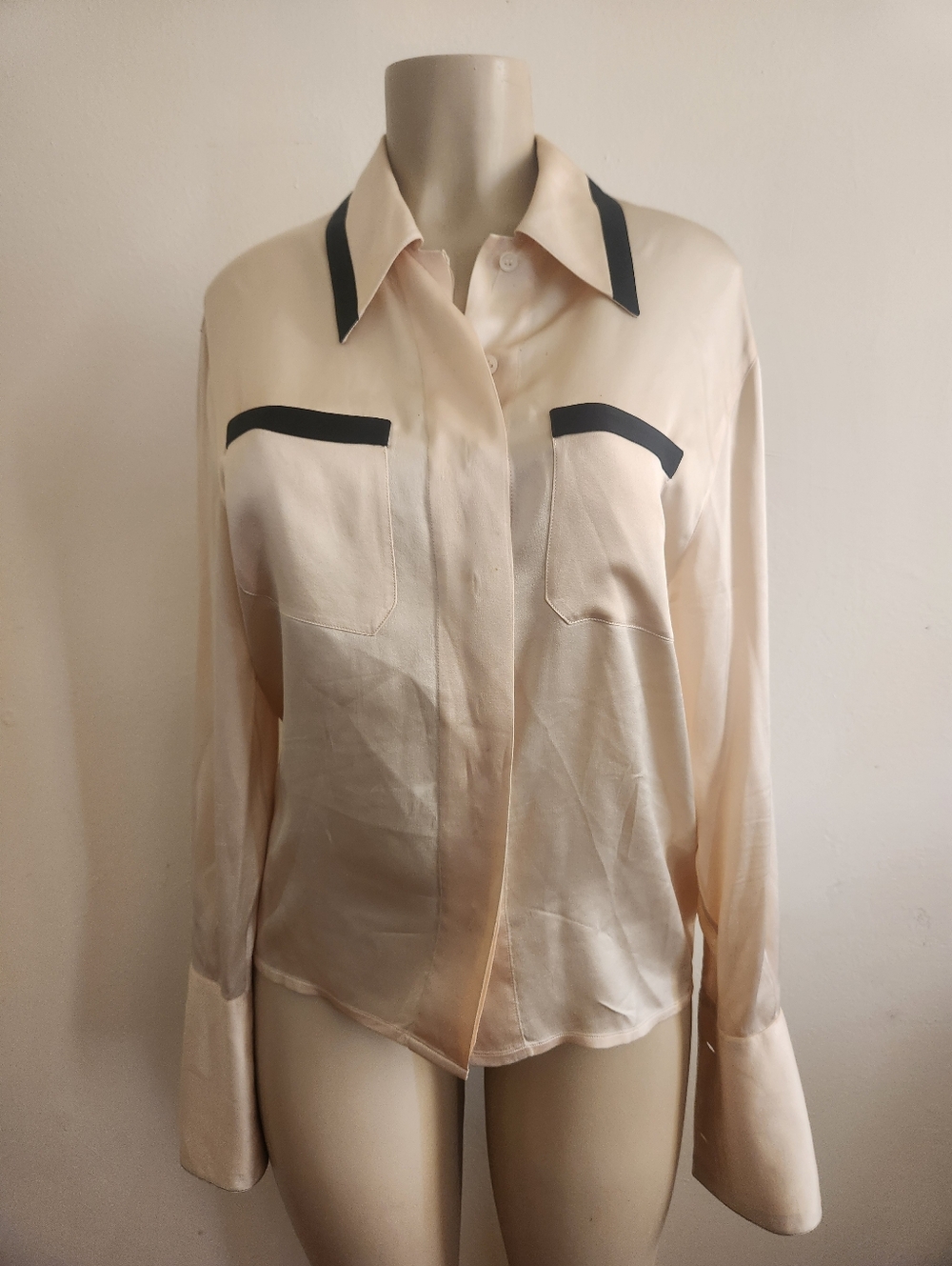 CHANEL Cream Silk Button-Down Blouse with Black Trim